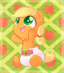 Size: 1121x1280 | Tagged: safe, artist:cuddlehooves, character:applejack, species:pony, baby, baby pony, babyjack, cuddlehooves is trying to murder us, cute, cutie mark diapers, diaper, female, foal, hnnng, jackabetes, looking up, open mouth, poofy diaper, sitting, smiling, solo, weapons-grade cute