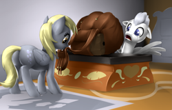 Size: 2975x1916 | Tagged: safe, artist:moonlitbrush, character:derpy hooves, oc, species:pegasus, species:pony, comic:derpy deliveries, box, bubble butt, crying, delivery, grimdark series, grotesque series, mail, plot, sad, saddle bag