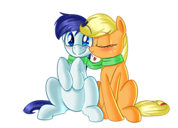 Size: 1024x737 | Tagged: safe, artist:january3rd, character:applejack, oc, oc:constance everheart, blushing, canon x oc, clothing, everjack, heart, kissing, scarf, shared clothing, shared scarf, shipping, simple background, transparent background