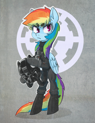 Size: 1016x1318 | Tagged: safe, artist:xieril, character:rainbow dash, species:pegasus, species:pony, beanbrows, bipedal, boots, clothing, crossover, female, flight suit, galactic empire, gray background, helmet, looking at you, mare, pilot, shoes, simple background, solo, star wars, tie pilot, unamused