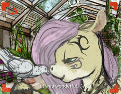 Size: 990x768 | Tagged: dead source, safe, artist:celestiawept, character:fluttershy, species:bird, bust, camera, camera shot, female, greenhouse, lidded eyes, looking at each other, mike tyson, pigeon, portrait, profile, solo, talking, tattoo