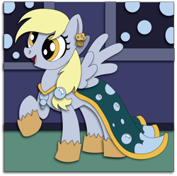 Size: 900x896 | Tagged: safe, artist:the-paper-pony, character:derpy hooves, species:pegasus, species:pony, clothing, dress, female, gala dress, mare, muffin, raised hoof, smiling, solo