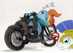 Size: 3510x2550 | Tagged: safe, artist:hewison, character:rainbow dash, high res, motorcycle, royal guard, sleeping, zzz