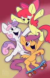 Size: 810x1242 | Tagged: safe, artist:pixel-prism, character:apple bloom, character:scootaloo, character:sweetie belle, species:pegasus, species:pony, cutie mark crusaders, happy