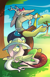 Size: 810x1242 | Tagged: safe, artist:pixel-prism, character:discord, character:fluttershy, clothing, hat, lying down, sitting, sun hat, tea, tea party, teacup
