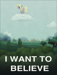 Size: 2250x3000 | Tagged: safe, artist:stinkehund, character:derpy hooves, species:pegasus, species:pony, cloud, female, high res, hooves, i want to believe, mare, on a cloud, parody, poster, smiling, solo, standing on a cloud, text, the x files, tree, wings