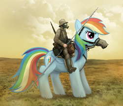 Size: 2556x2220 | Tagged: safe, artist:stinkehund, character:rainbow dash, species:human, species:pegasus, species:pony, bridle, clothing, duo, female, gas mask, gun, high res, humans riding ponies, mare, reins, riding, rifle, saddle, soldier, tack, uniform, weapon, world war i