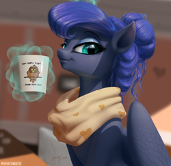 Size: 2795x2720 | Tagged: safe, artist:katputze, artist:mykegreywolf, character:princess luna, species:alicorn, species:pony, g4, 2014, alternate hairstyle, beautiful, coffee, coffee mug, collaboration, cute, detailed, eyeshadow, featured on derpibooru, female, german, high res, lidded eyes, lips, looking at you, lunabetes, magic, makeup, mug, photoshop elements, realistic, smiling, smug, solo, technically advanced, telekinesis, translated in the comments