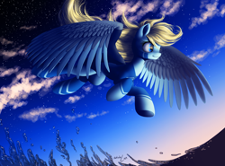 Size: 3106x2303 | Tagged: safe, artist:katputze, oc, oc only, oc:nexus, clothing, cloud, cloudy, flight suit, flying, solo, stars, water, windswept mane