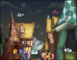 Size: 3000x2362 | Tagged: safe, artist:stinkehund, character:angel bunny, character:carrot top, character:diamond mint, character:fluttershy, character:golden harvest, character:minuette, character:opalescence, character:pinkie pie, character:rainbow dash, species:duck, species:earth pony, species:pegasus, species:pony, species:unicorn, cloud, dawn, female, flying contraption, high res, mare, ponyville, scenery, sleeping