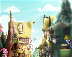 Size: 3000x2362 | Tagged: safe, artist:stinkehund, character:apple bumpkin, character:applejack, character:bon bon, character:derpy hooves, character:lyra heartstrings, character:pinkie pie, character:rainbow dash, character:sweetie drops, character:zecora, species:earth pony, species:pegasus, species:pony, species:unicorn, species:zebra, apple family member, apron, berry dreams, book, clothing, female, food, high res, mare, pie, ponyville, scenery