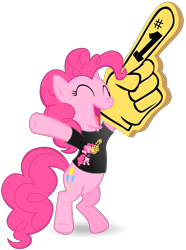 Size: 2969x4000 | Tagged: safe, artist:stinkehund, character:pinkie pie, species:earth pony, species:pony, bipedal, clothing, eyes closed, female, foam finger, mare, shirt, simple background, solo, t-shirt