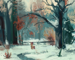 Size: 1280x1024 | Tagged: safe, artist:celestiawept, character:scootaloo, species:pegasus, species:pony, abandoned, alone, clothing, female, fence, forest, homeless, looking away, orphan, sad, scarf, scenery, scootalone, scootasad, snow, solo, tree, winter