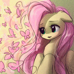 Size: 1500x1500 | Tagged: safe, artist:katputze, character:fluttershy, species:pegasus, species:pony, bust, butterfly, digital noise, female, floppy ears, hooves to the chest, looking at something, mare, portrait, smiling, solo, three quarter view