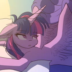 Size: 1500x1500 | Tagged: safe, artist:katputze, character:twilight sparkle, character:twilight sparkle (alicorn), species:alicorn, species:pony, bed, bed mane, big horn, blanket, cute, ear fluff, female, floppy ears, frown, leg fluff, lidded eyes, looking back, mare, messy mane, morning, morning ponies, morning wing, pillow, prone, shoulder fluff, sleepy, solo, unamused, wingboner