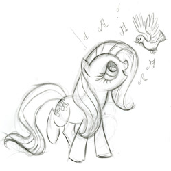 Size: 900x903 | Tagged: safe, artist:lauren faust, character:posey, species:bird, species:earth pony, species:pony, g1, behind the scenes, color me, concept art, female, g1 to g4, generation leap, grayscale, mare, monochrome, singing, what could have been