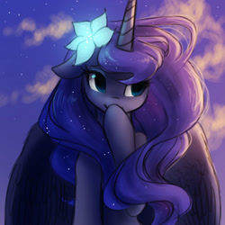 Size: 1500x1500 | Tagged: safe, artist:katputze, character:princess luna, species:alicorn, species:pony, beautiful, bust, cloud, cloudy, covering, covering mouth, cute, female, floppy ears, flower, flower in hair, lidded eyes, looking sideways, lunabetes, mare, missing accessory, outdoors, raised hoof, raised leg, sitting, sky, smiling, solo, spread wings, stars, sunset, wavy mane, wings