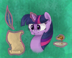 Size: 2193x1761 | Tagged: safe, artist:hewison, character:twilight sparkle, species:pony, eating, female, glowing horn, horn, letter, magic, mare, plate, quill, solo, telekinesis, waffle, writing