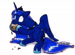 Size: 2854x2118 | Tagged: safe, artist:sketchywolf-13, character:princess luna, burger, eating, female, food, hamburger, ponies eating meat, sitting, solo, spread wings, traditional art, wide eyes, wings