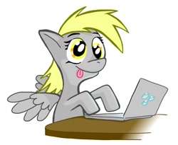 Size: 936x768 | Tagged: safe, artist:petirep, character:derpy hooves, species:pegasus, species:pony, computer, female, laptop computer, simple background, smiling, solo, tongue out, white background