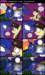 Size: 1717x2873 | Tagged: safe, artist:zsparkonequus, character:princess luna, character:wild fire, species:alicorn, species:pegasus, species:pony, comic, dialogue, female, forever, genius, mare, nose wrinkle, sibsy, speech bubble