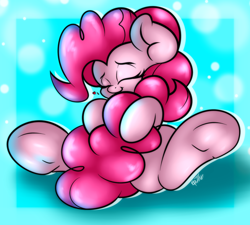 Size: 2000x1800 | Tagged: dead source, safe, artist:ep-777, character:pinkie pie, blue background, cute, diapinkes, female, heart, shadow, simple background, solo, strategically covered, tail censor, tail hug, underhoof
