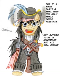 Size: 788x1013 | Tagged: safe, artist:the1king, oc, oc only, oc:blackmane, assassin's creed, assassin's creed iv black flag, blackbeard, gap teeth, gun, holster, pirate, pistol, ponified, quote, solo, sword, weapon