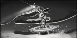 Size: 8640x4320 | Tagged: safe, artist:auroriia, character:princess celestia, absurd resolution, female, grayscale, impossibly large ears, magic, monochrome, solo, spread wings, wings
