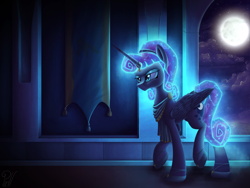Size: 2000x1500 | Tagged: safe, artist:pirill, character:derpy hooves, character:princess luna, species:alicorn, species:pony, g4, alternate hairstyle, artemis luna, clothing, constellation, female, frown, galaxy mane, glare, glow, glowing mane, horn ring, interior, mare, mirror universe, moon, night, solo, tail wrap, tapestry, toga, unamused, walking, window