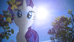 Size: 3840x2160 | Tagged: safe, artist:bastbrushie, artist:quanno3, character:rarity, species:pony, species:unicorn, blue sky, female, grin, irl, lens flare, mare, photo, plants, ponies in real life, shadow, smiling, solo, sun, tree, vector