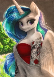 Size: 2739x3883 | Tagged: safe, artist:katputze, character:princess celestia, species:anthro, backlighting, bare shoulders, beautiful, breasts, bust, cleavage, clothing, color porn, cute, cutelestia, dear princess celestia, dress, ear fluff, eyes, female, looking at you, markers, multicolored iris, off shoulder, rainbow eyes, red dress, rose, skull, sleeve tattoo, smiling, solo, tattoo, three quarter view, traditional art