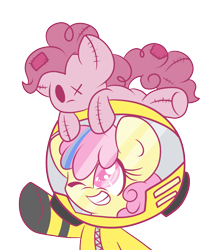 Size: 1665x1981 | Tagged: safe, artist:starlightlore, character:pinkie pie, oc, oc only, oc:puppysmiles, species:earth pony, species:pony, fallout equestria, fallout, fallout equestria: pink eyes, fanfic, fanfic art, female, filly, foal, hazmat suit, hooves, ministry mares, one eye closed, plushie, simple background, smiling, solo, teeth, toy, transparent background
