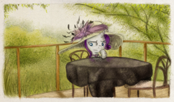 Size: 800x471 | Tagged: safe, artist:hewison, character:rarity, clothing, female, giant hat, hat, looking away, restaurant, solo, table, thinking, thoughtful, waiting