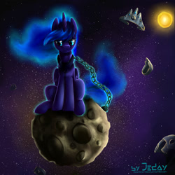 Size: 1500x1500 | Tagged: safe, artist:jedayskayvoker, character:princess luna, species:alicorn, species:pony, armor, banishment, chained, chains, female, frown, lidded eyes, looking down, mare, missing accessory, moon, sad, sitting, solo, space, stars, stuck, sun, tangible heavenly object