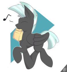 Size: 1600x1717 | Tagged: safe, artist:capseys, character:thunderlane, species:pegasus, species:pony, bag, cute, eyes closed, male, mouth hold, music notes, simple background, solo, stallion, thunderbetes, transparent background, trotting