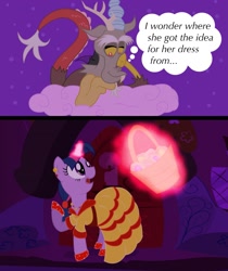Size: 1675x1994 | Tagged: safe, artist:cartuneslover16, character:discord, character:twilight sparkle, ship:discolight, beauty and the beast, clothing, dress, fanfic, female, male, shipping, story included, straight