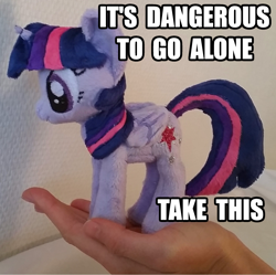 Size: 1520x1516 | Tagged: safe, artist:epicrainbowcrafts, edit, character:twilight sparkle, character:twilight sparkle (alicorn), species:alicorn, species:pony, caption, cute, female, fluffy, irl, it's dangerous to go alone, mare, photo, plushie, solo, take this, the legend of zelda