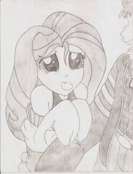 Size: 1700x2212 | Tagged: safe, artist:jmkplover, character:fluttershy, my little pony:equestria girls, alternate costumes, clothing, grayscale, monochrome, off shoulder, off shoulder sweater, pouting, sweater, sweatershy, traditional art