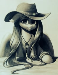 Size: 1603x2046 | Tagged: safe, artist:katputze, character:fluttershy, species:pegasus, species:pony, bracelet, clothing, cowboy hat, cute, female, floppy ears, grayscale, grin, hat, jewelry, looking at you, monochrome, necklace, portrait, smiling, solo, stetson, traditional art