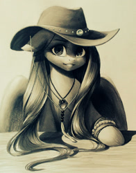 Size: 1603x2046 | Tagged: safe, artist:katputze, character:fluttershy, species:pegasus, species:pony, bracelet, clothing, cowboy hat, cute, featured on derpibooru, female, floppy ears, fluffy, grin, hat, jewelry, looking at you, monochrome, necklace, portrait, sepia, simple background, smiling, solo, stetson, traditional art