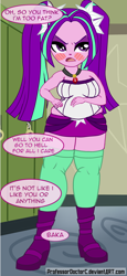 Size: 1914x4167 | Tagged: safe, artist:professordoctorc, character:aria blaze, equestria girls:rainbow rocks, g4, my little pony: equestria girls, my little pony:equestria girls, aria blob, baka, bbw, belly, blushing, chubby, clothing, dialogue, fat, female, hips, miniskirt, muffin top, pigtails, skirt, solo, thigh highs, tsundaria, tsundere, twintails, wide hips, zettai ryouiki