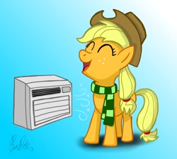 Size: 1024x918 | Tagged: safe, artist:petirep, character:applejack, air conditioner, clothing, cowboy hat, cute, female, gradient background, hat, scarf, signature, smiling, solo, stetson