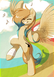 Size: 944x1347 | Tagged: safe, artist:katputze, oc, oc only, oc:sunny diamond, species:pegasus, species:pony, bandage, bipedal, dancing, earbuds, eyes closed, female, happy, music notes, music player, rainbow, solo