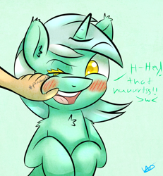 Size: 1200x1300 | Tagged: safe, artist:wolfy-pony, character:lyra heartstrings, blushing, cheek pinch, chest fluff, cute, disembodied hand, ear fluff, hand, lyrabetes, offscreen character, offscreen human, pinch, shoulder fluff