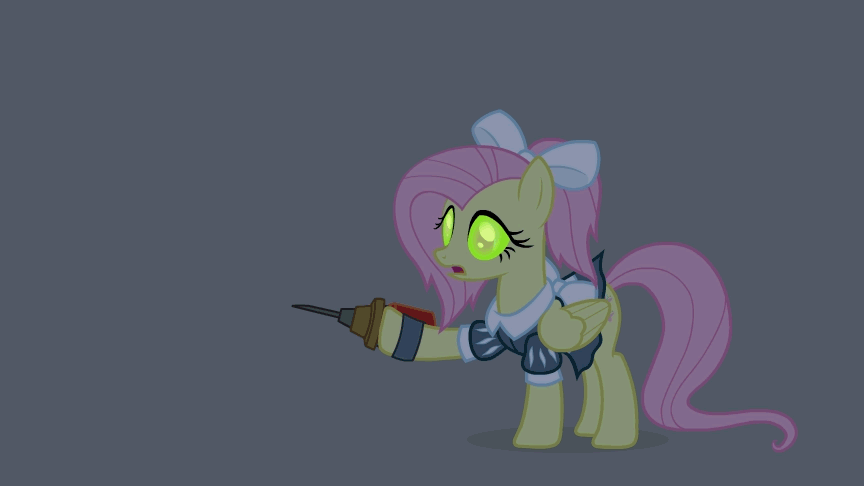 Size: 864x486 | Tagged: safe, artist:khuzang, artist:poison--hearts, part of a set, character:fluttershy, species:pegasus, species:pony, adorable distress, animated, bioshock, clothing, costume, cute, female, glowing eyes, gritted teeth, halloween, little sister, mare, messy mane, open mouth, prone, scared, shivering, shyabetes, solo, wide eyes