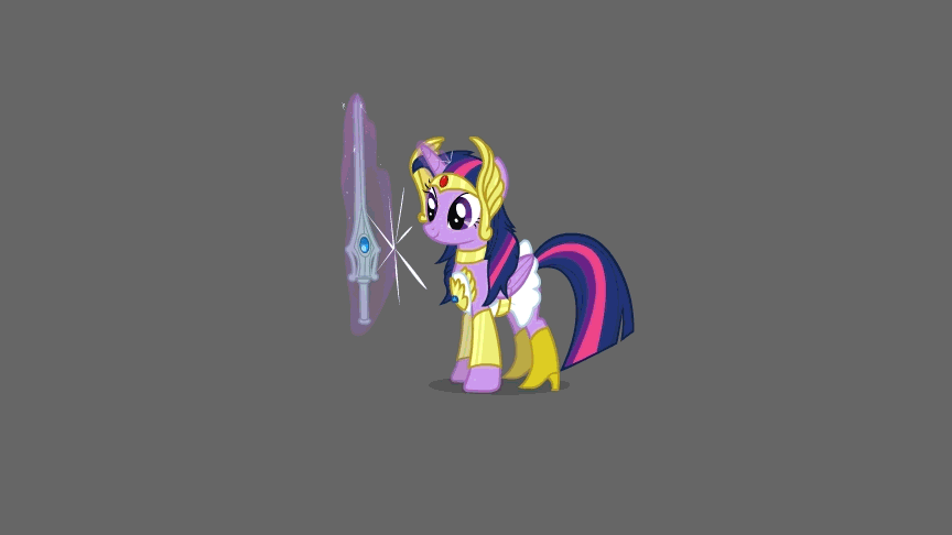 Size: 864x486 | Tagged: safe, artist:khuzang, artist:poison--hearts, part of a set, character:derpy hooves, character:twilight sparkle, character:twilight sparkle (alicorn), species:alicorn, species:pegasus, species:pony, adorkable, animated, armor, athena sparkle, badass, boots, clothing, cosplay, costume, cute, dork, duo, eyes closed, female, frown, gif, glowing horn, gray background, grin, halloween, high heel boots, i can't believe it's not hasbro studios, magic, mare, mouth hold, muffin, oops, power sword, she-ra, shoes, simple background, smiling, spread wings, sword, telekinesis, warrior twilight sparkle, wide eyes, wings, xk-class end-of-the-world scenario