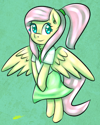 Size: 1200x1500 | Tagged: safe, artist:wolfy-pony, character:fluttershy, species:pony, alternate hairstyle, bipedal, clothing, dress, female, ponytail, simple background, solo