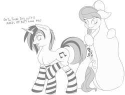 Size: 1280x974 | Tagged: safe, artist:capseys, character:dj pon-3, character:octavia melody, character:vinyl scratch, ship:scratchtavia, blushing, clothing, female, lesbian, monochrome, shipping, socks