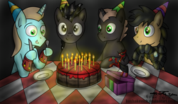 Size: 2540x1490 | Tagged: safe, artist:koshakevich, artist:setharu, artist:thestive19, oc, oc only, oc:judge, oc:set, oc:tinker trivia, species:earth pony, species:pony, species:unicorn, birthday cake, cake, candle, clothing, food, grin, happy birthday, hat, heterochromia, looking at you, male, party hat, plate, silverware, smiling, stallion, table