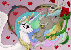 Size: 3484x2463 | Tagged: safe, artist:hewison, character:discord, character:princess celestia, ship:dislestia, female, flower, heart, high res, male, rose, shipping, straight